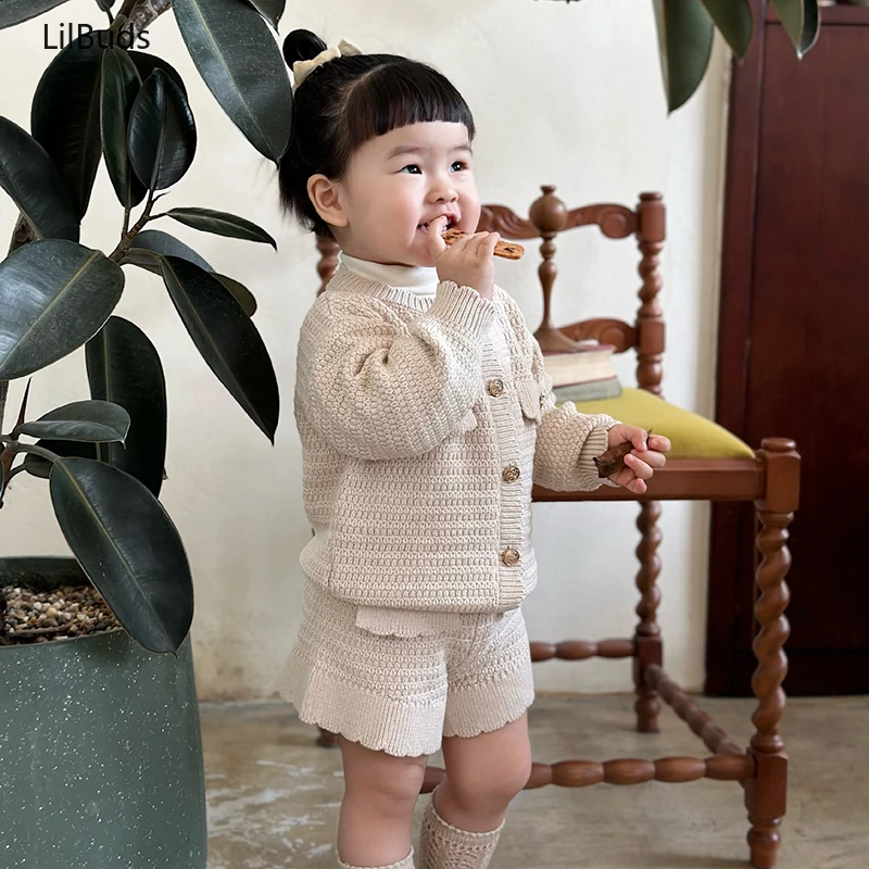 

2024 Cardigan +PP Shorts Infant Girls Knit Tracksuits Suits Girls Knit Suit Fashion Baby Clothing Sets Sweaters Winter Matching