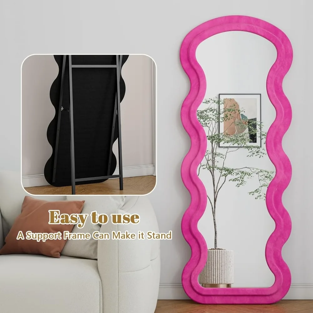 Grande espelho de chão ondulado de comprimento total com tecido de flanela, espelho de parede independente de 63 x 24 para visualização de corpo inteiro