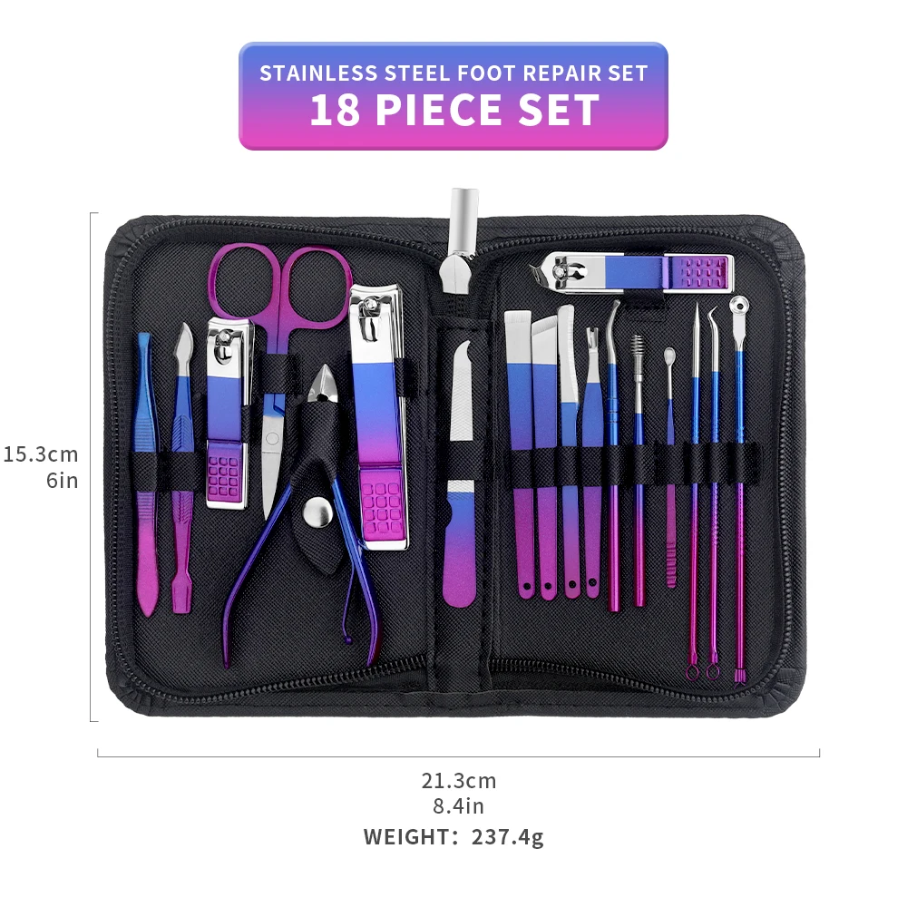 Kit de pédicure professionnel en acier inoxydable, ensemble de manucure, nickel é, ciseaux à ongles, kit de toilettage avec étui de voyage