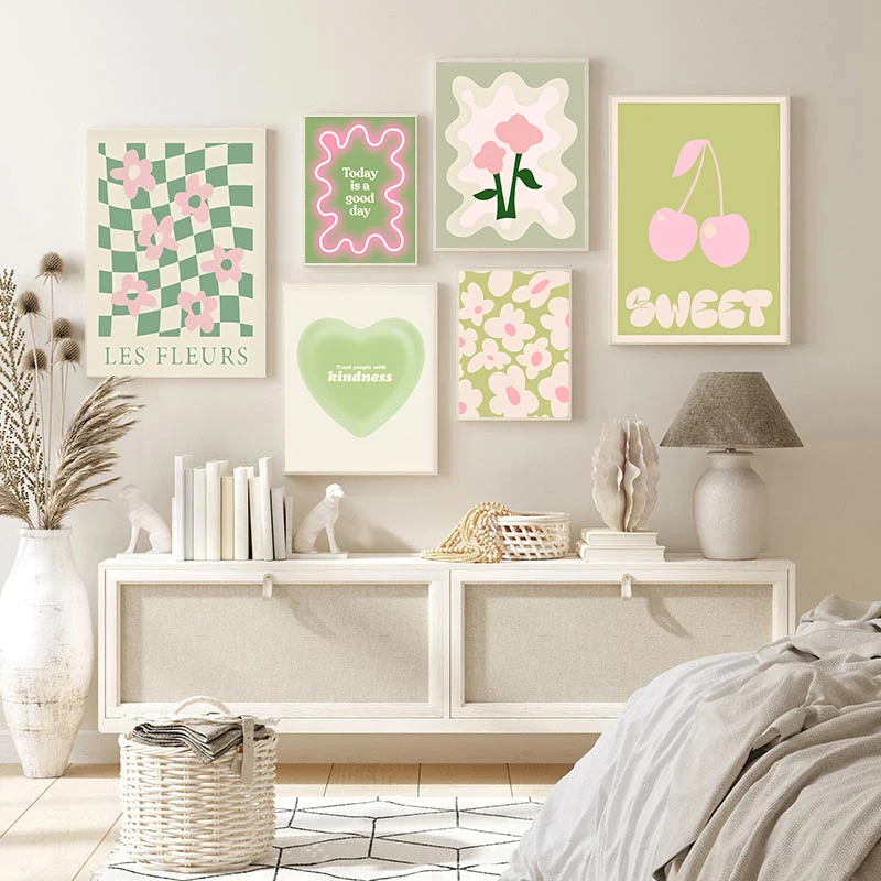 Abstract Green Floral Heart Cherry Posters Danish Pastel Canvas Painting Living Room Wall Art Painted Picture for Home Decor