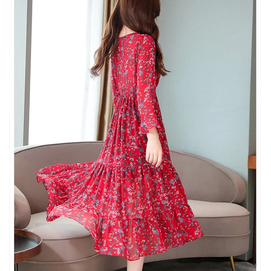 Robe mi-longue en mousseline de soie florale pour femmes, imprimé vintage, rouge, bohème, manches longues, élégante, tambour, fête, éducatif, automne, hiver, 2024