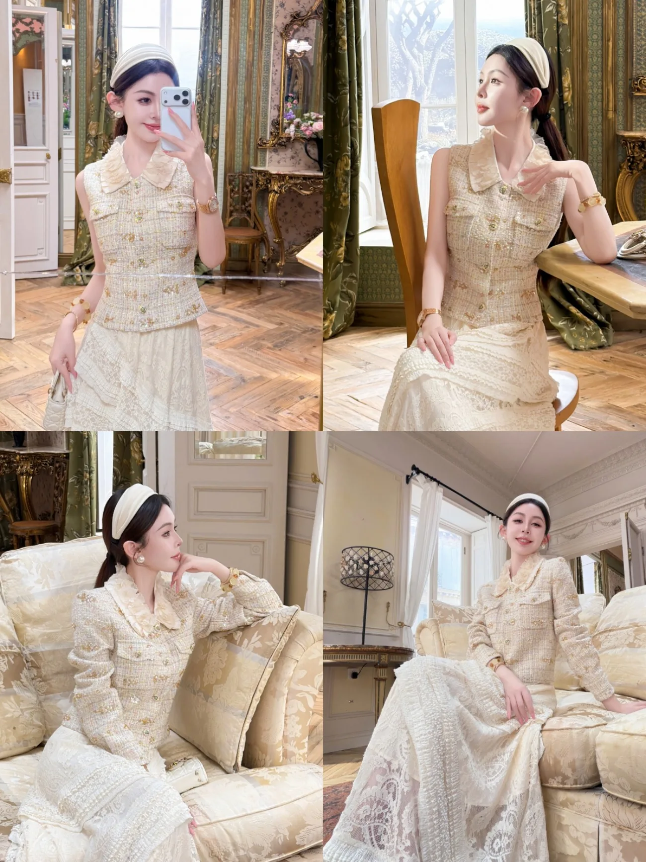 

Champagne Romance Wool Blend Jaet Vest Embroidered Bead Coarse Tweed Women's Faion Spring Set Long Sve Outerwear