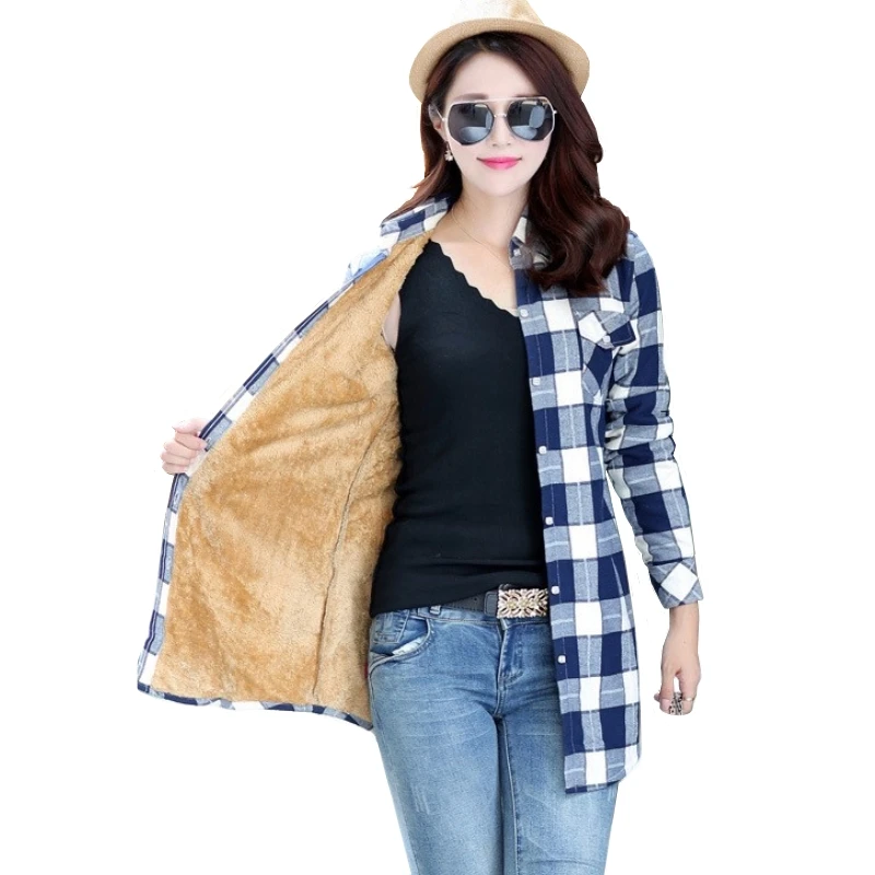 

Autumn Women's Oversized Thick Warm Plaid Shirts Winter Checkered Blouse Turn Down Collar Pockets Shirt Blusas Feminina Tops