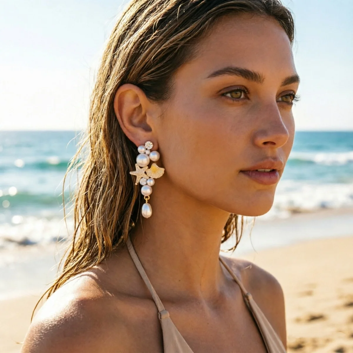 Sommerliche Imitationsperlen-Seestern-Muschel-Quasten-Ohrringe, Boho Ozean Strand Muschel Stern Hängeohrringe, Trendiger Urlaubsschmuck – Detail 4