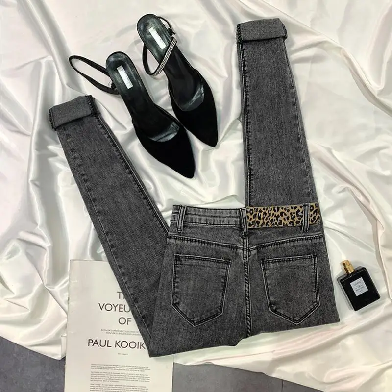 

2024, новые утягивающие джинсы с высокой талией, женские облегающие брюки с диагональной полосой и леопардовым принтом, облегающие брюки с манжетами