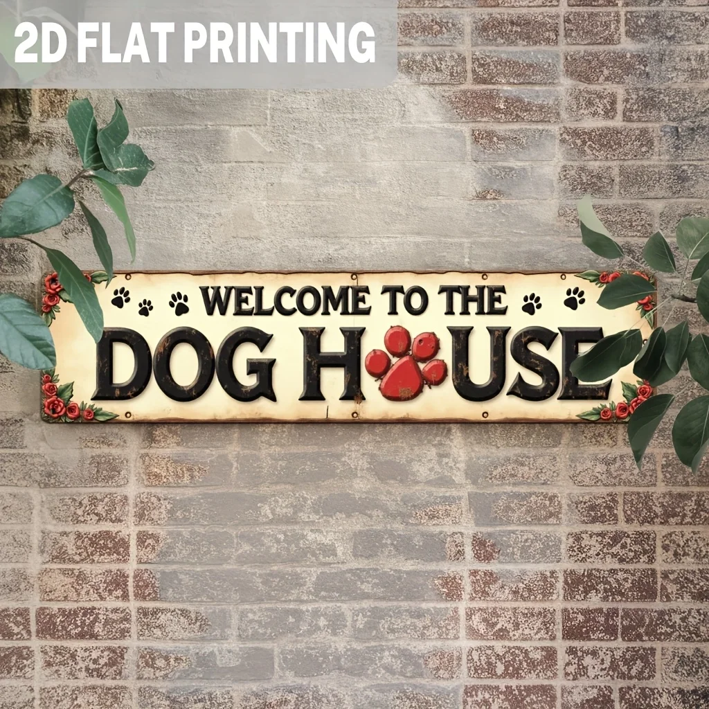 1pc Vintage Welcome to Doghouse Metal Sign - Retro Pet Paw Print with Rose Wall Decor for Farmhouse, Porch - Dog Lover Gift