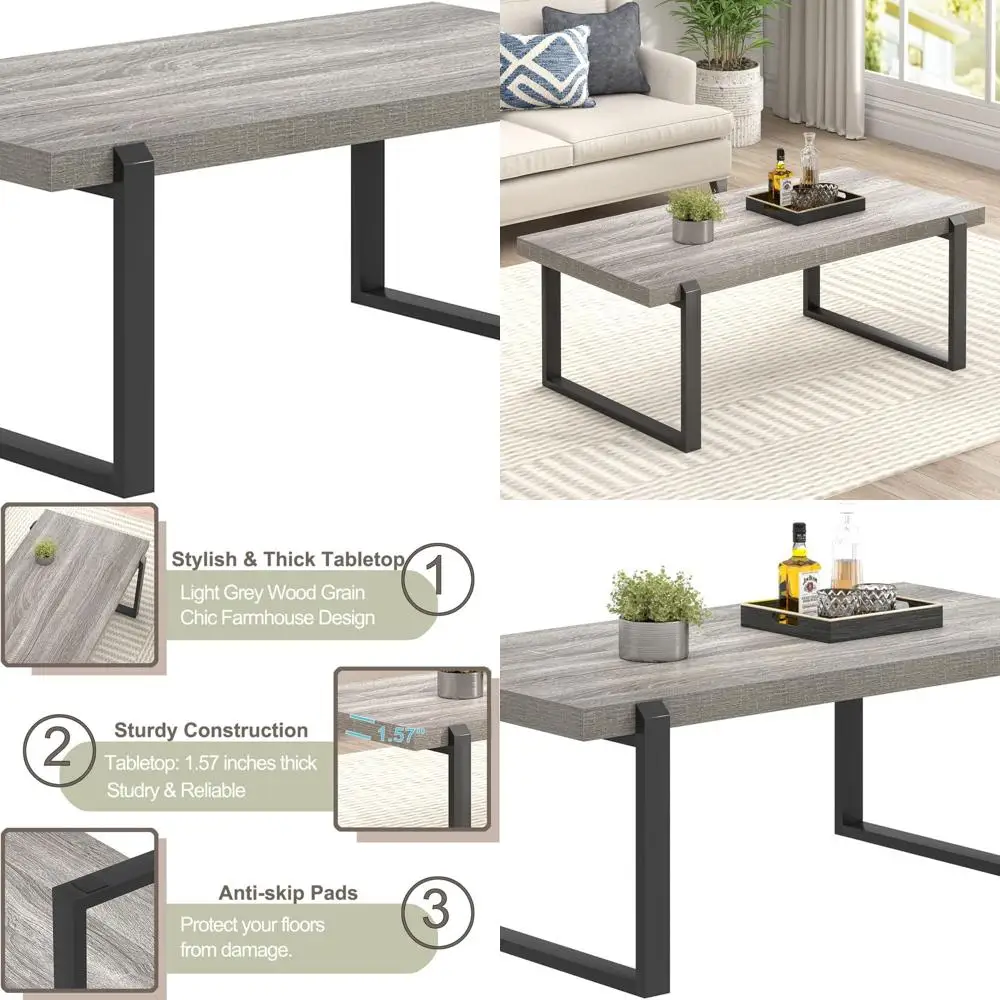 

Rustic Metal and Wood Coffee Table, Vintage Small Living Room Centerpiece, Light Grey, 44