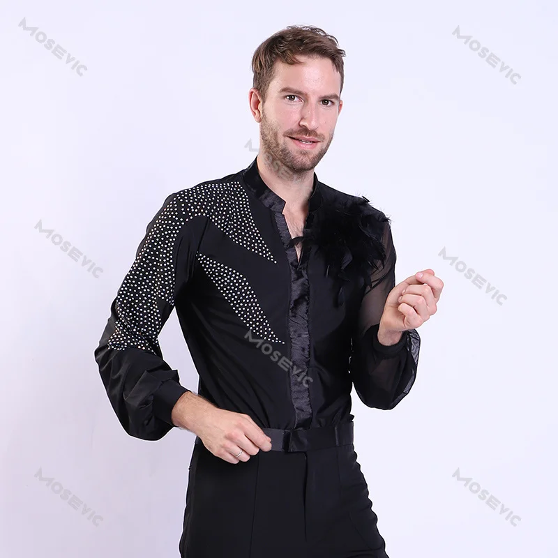 Latin Dance Shirts Men Rhinestone Net Yarn Long Sleeve Competition Men\'s Dance Top Rumba Samba Dancewear Mens