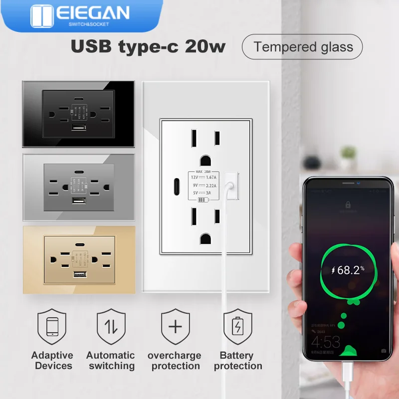 مقابس قياسية ، أجهزة منزلية ذكية حائطية ، لوحة من الزجاج المقسى ، محول قابس ، USB من النوع C ، 3.1A شحن سريع