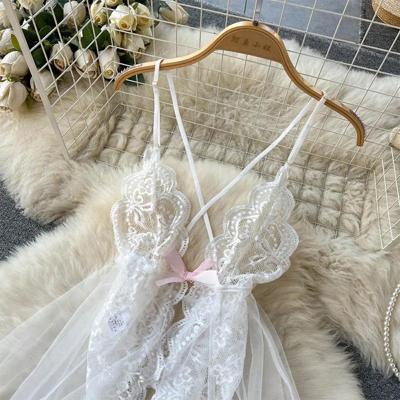 Lencería de corte bajo ajustada de malla transparente, minivestido Sexy, conjunto de lencería caliente, mono erótico sin entrepierna para adultos, conjunto de lencería con Tanga