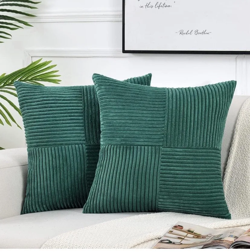 

Blue Green Boho Decorative Throw Pillow Covers 18x18 Inch with Diagonally Pattern for Living Room Couch Bed Sofa Corduroy Cover