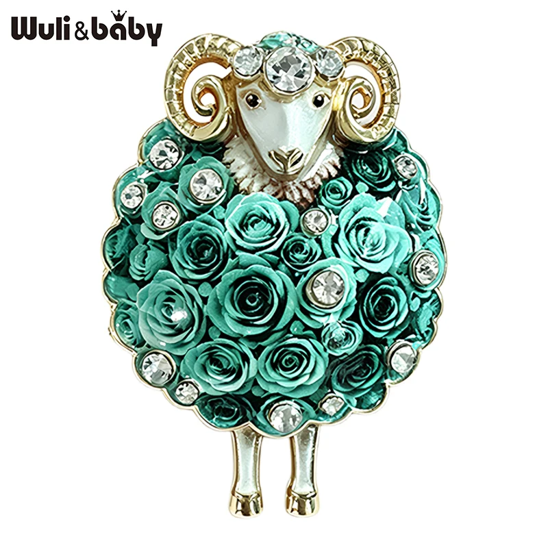 Wuli&baby Lovely Flower Sheep Brooches For Women Unisex 7-color Rhinestone Year Of The Sheep Animal Party Office Brooch Pin Gift