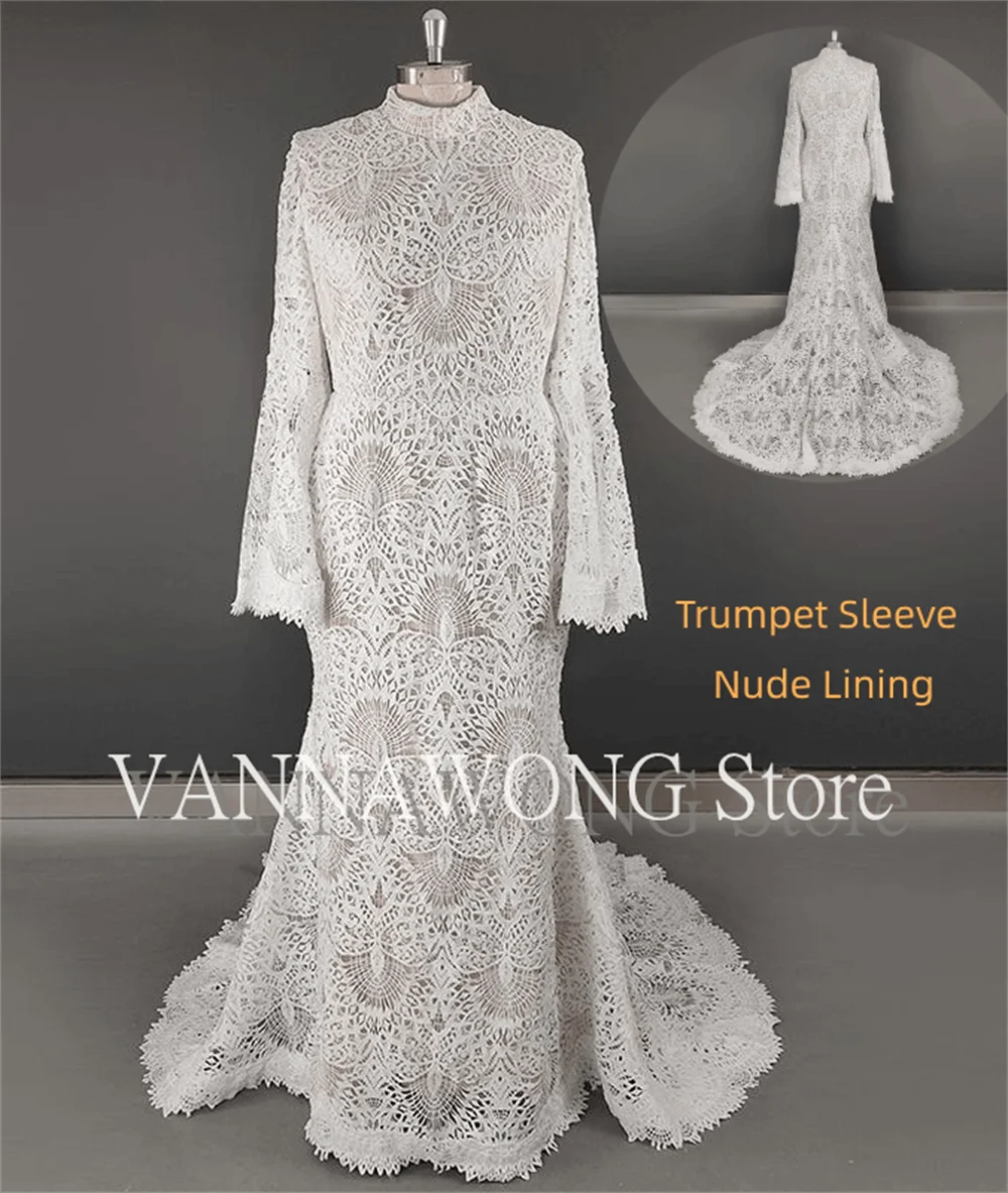 11797# Bohemian Vintage Lace Long  Sleeves Boho High  Neck Lace Sweep Train Mermaid Wedding Dress Wedding Bridal Gown Custom