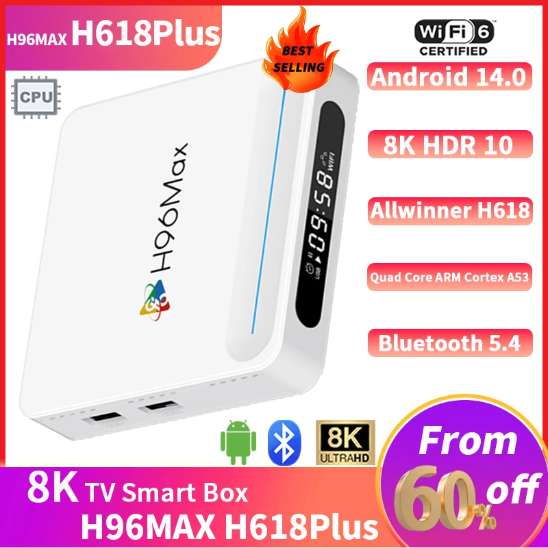 

ТВ-приставка H96MAX H618PLUS Allwinner H618 Quad Core A53 Android 14.0 4G 32G AV1 Wifi6 8K HDR Youtube Медиаплеер замена ТВ-приставки