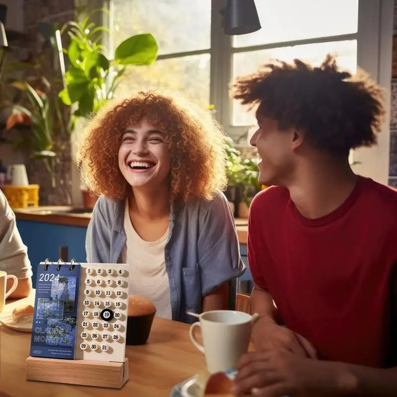 永久二輪カレンダー、月1日ディスプレイ付きの再利用可能な木製ロータリー年間カレンダー