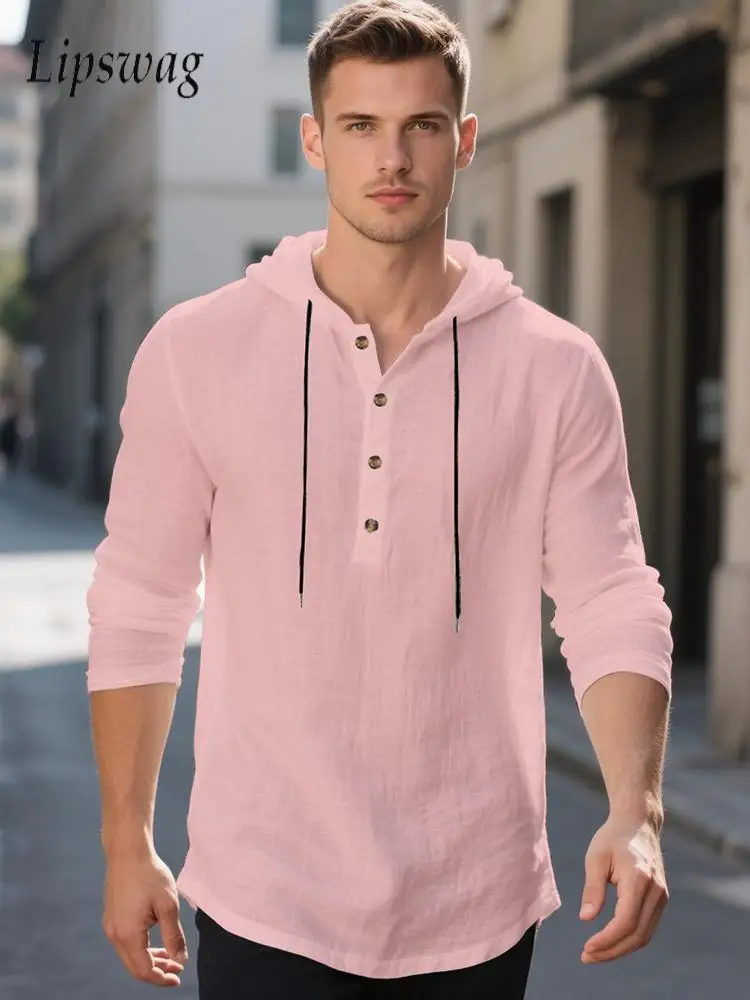 2026 Spring Autumn Fashion Mens Hooded Shirts Vintage Buttoned Henley Collar Drawstring Hoodie For Men Daily Leisure Hoodies
