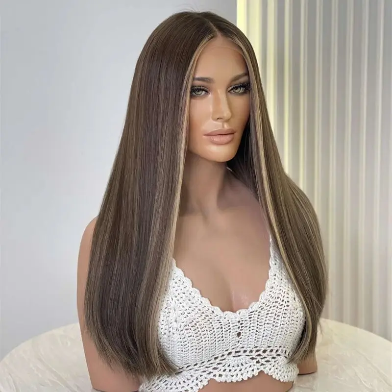 

Party Jewish Brunette Blonde Wig Light Brown Highlights High Heat Fibre Synthetic Lace Front Wigs Straight Cosplay Wig for Women