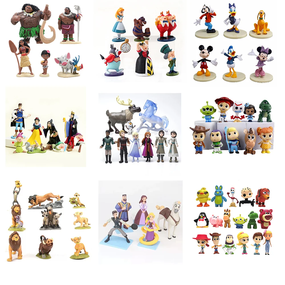 Conjunto de bonecos de ação de desenhos animados da disney, personagens de filmes famosos, brinquedos, frozen, o rei leão, toy story, modelo colecionável, presente para crianças