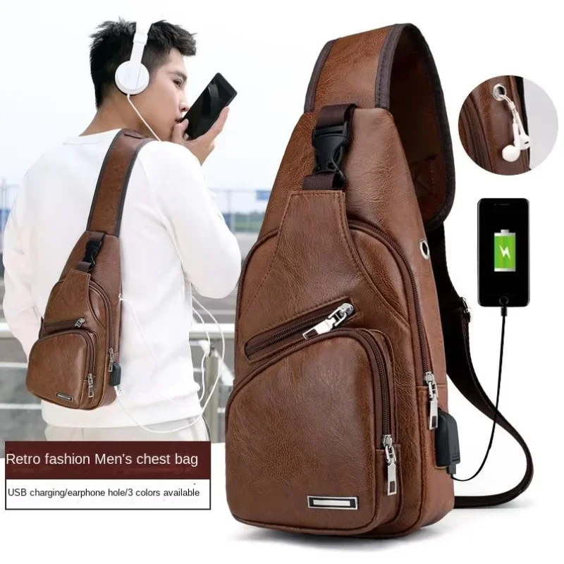 USB Charging Chest Bag with Headset Hole Mens Multifunction Single Strap Anti Theft Chest Bag with Adjustable Shoulder Strap