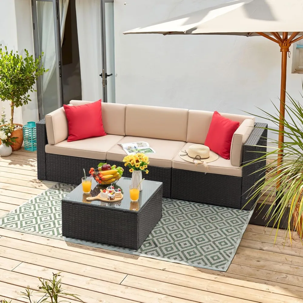

Terrace Furniture Set 4-piece Outdoor Segmented Sofa Terrace with Thick Mat and Tempered Glass Table