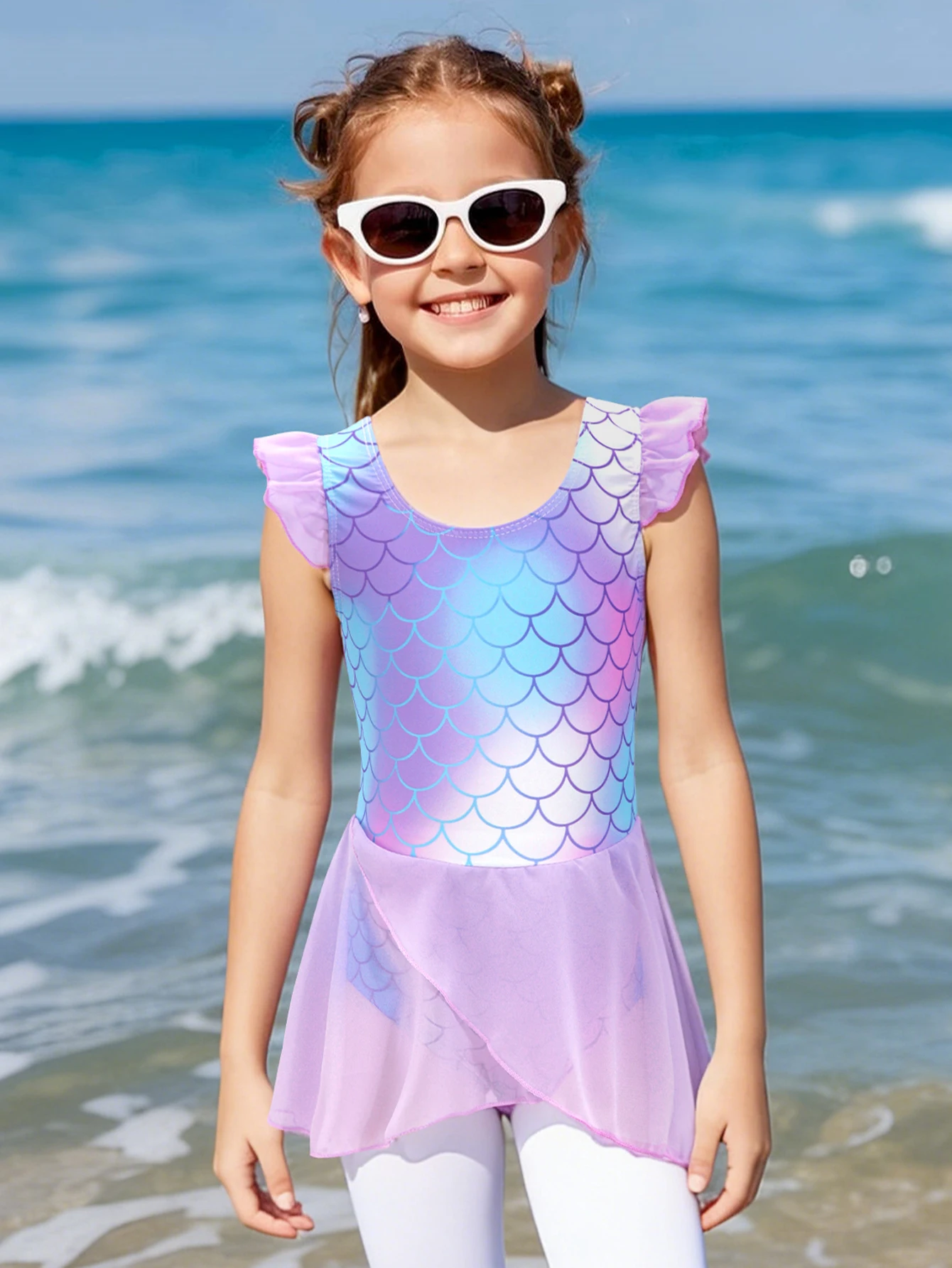 Girls Swimsuit Cute One Piece Swim Suit Ruffle Sleeve Mermaid Bathing Suits Tulle Dress Swimwear Summer Beach Swim Shirt view 5