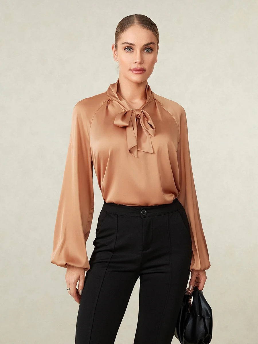 Frauen Satin Shirt, elegnat Langarmhemd Krawatte lose feste Bluse Frühling Herbst Tops für das tägliche Büro