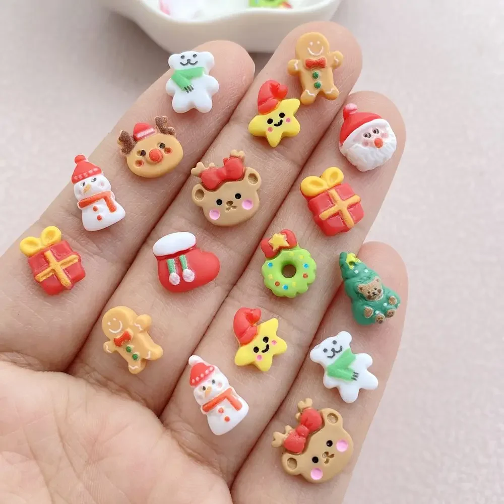 30Pcs Resin Christmas Cartoon Gingerbread Man Elk Snowman Flat Back Manicure Parts Embellishments For Hair Bows Accessories