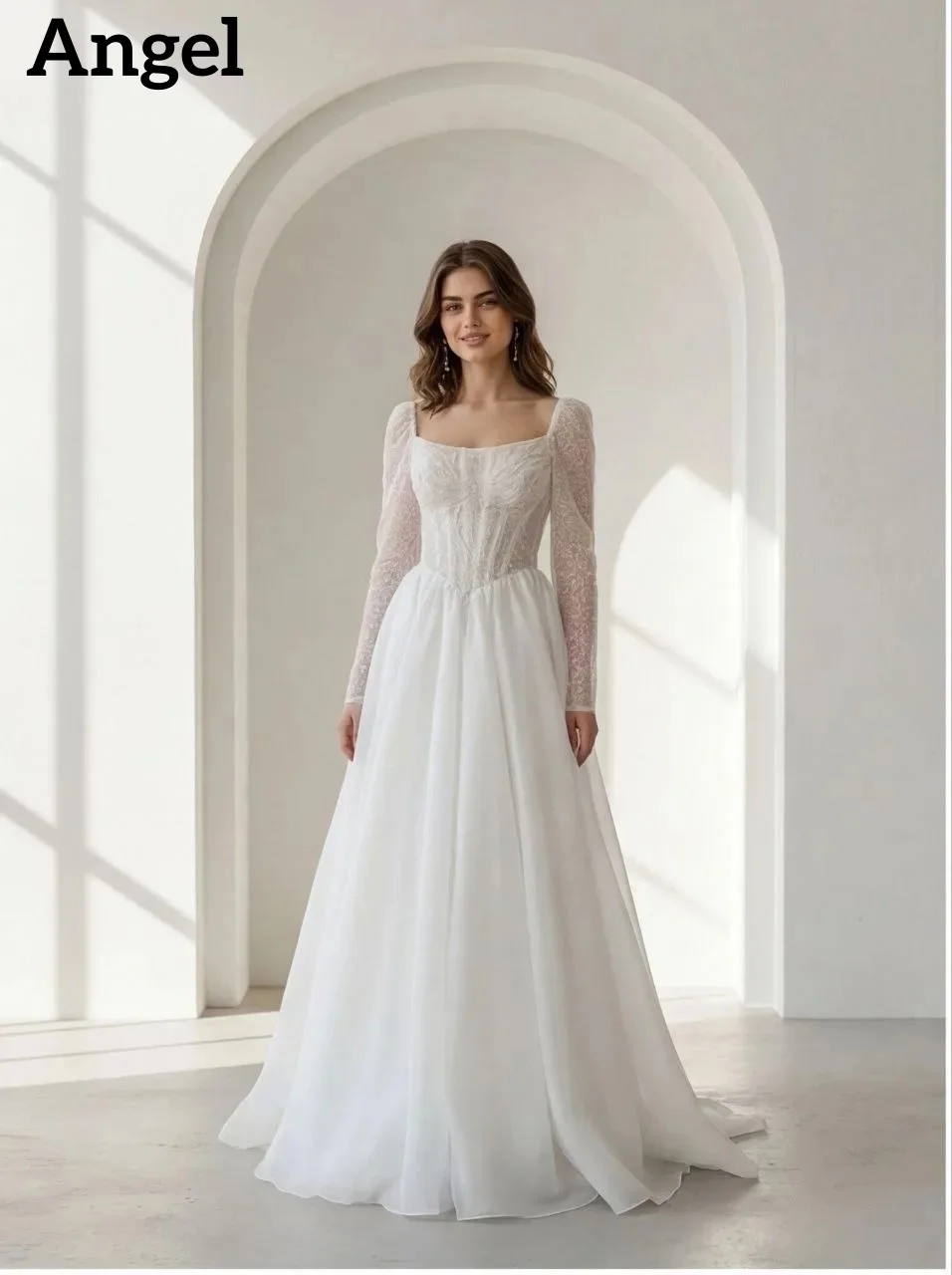 ANGEL Sparkle Tulle Wedding Dresses 2026 Long Sleeves Elegant Bride Dress Applique Bridal Gowns Vestidos De Novia Customized