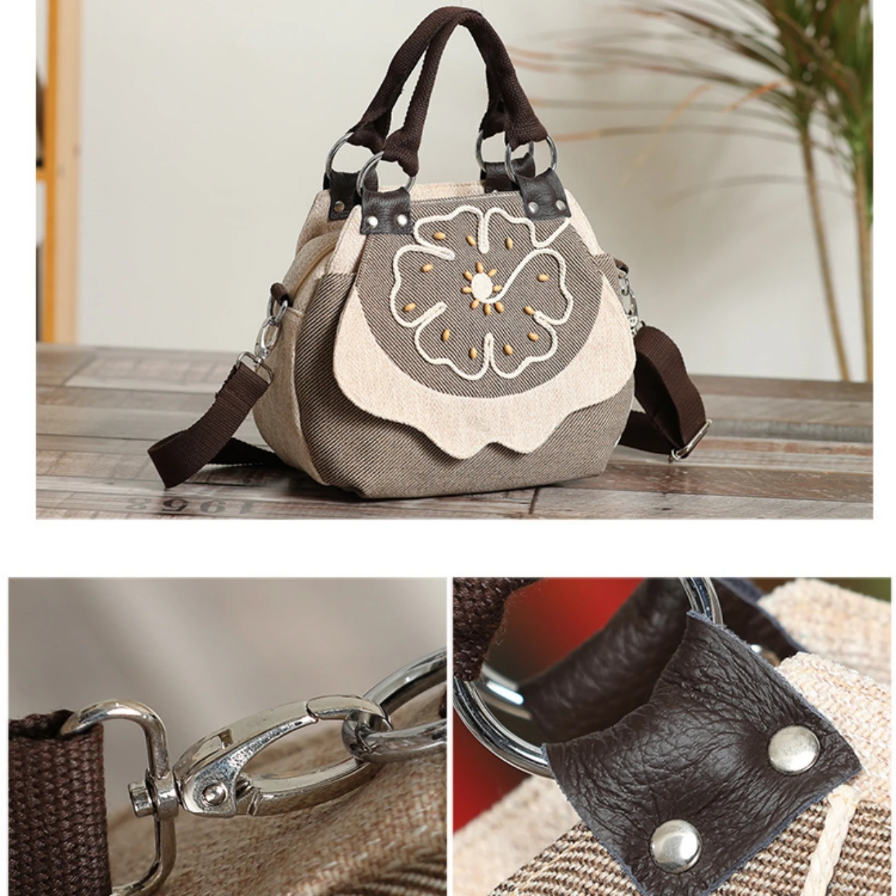 Women's Handheld Crossbody Bag Versatile, Simple and Lightweight Canvas One Shoulder Flower Splice