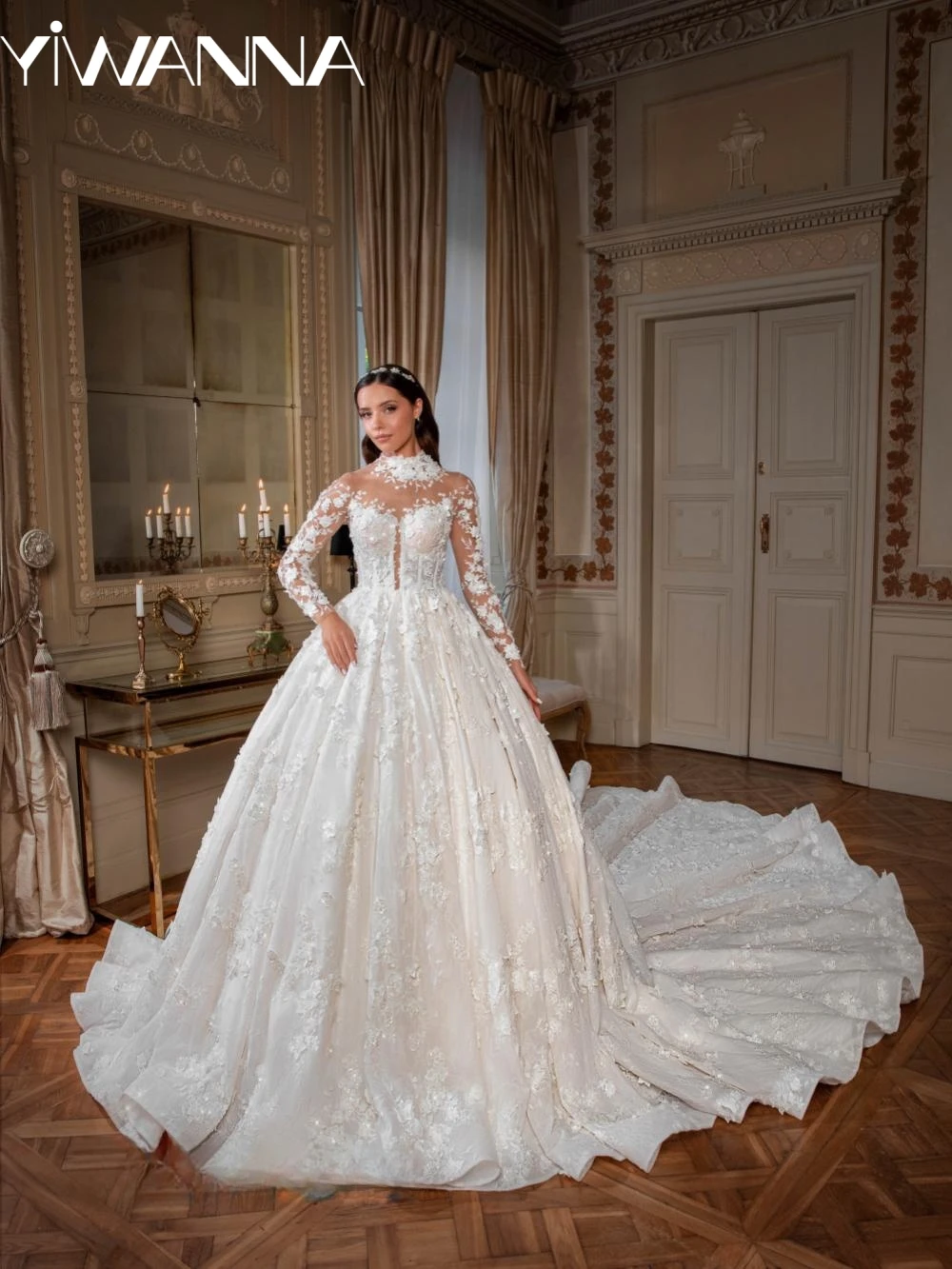 

Exquisite Beaded Lace Appliques Wedding Dress Modest High Collar Long Sleeve Bidal Gown Customized Dreamy Dresses For Bride