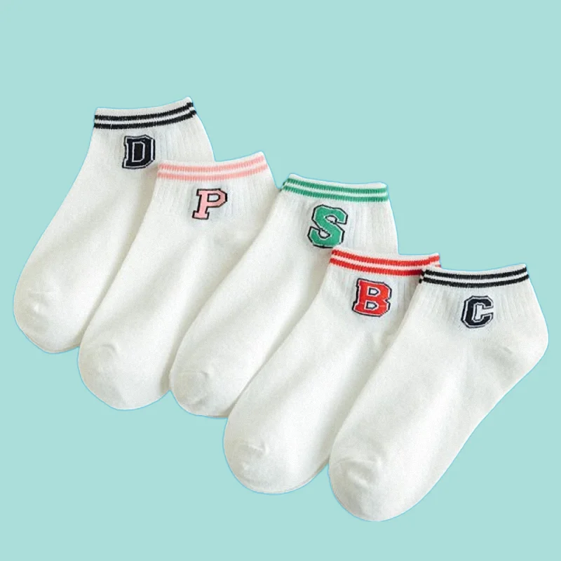 

5/10 Pairs New Women's Middle-tube Cotton Socks Letter Socks College Style Double Bar White Cotton Socks Four Seasons Socks