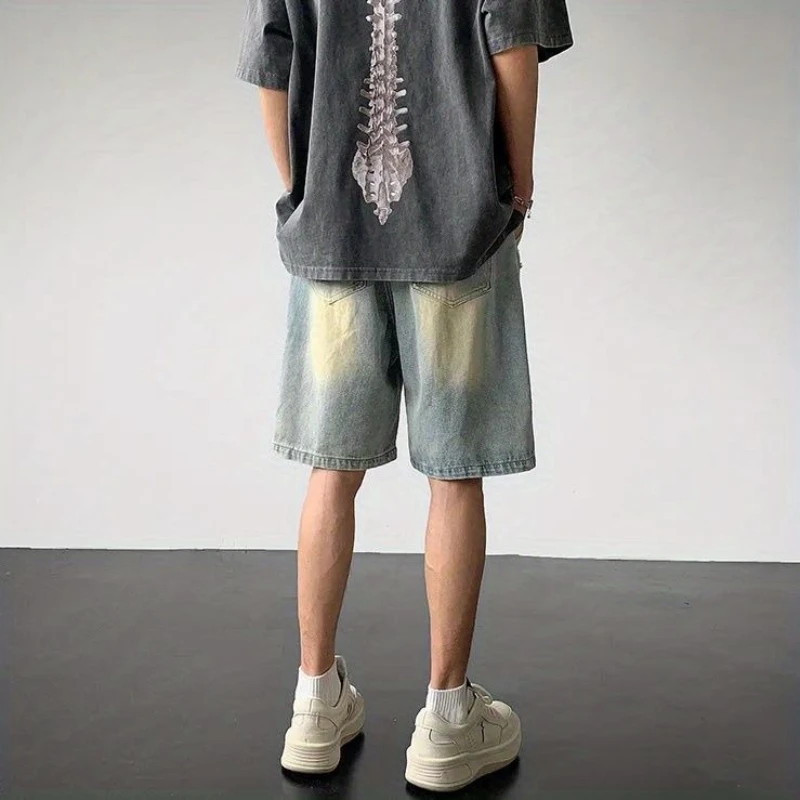 American Style Men's Embroidered Denim Shorts with Stretch Waistband Summer High Street Fashion Casual Mid-Length Outdoor Wear