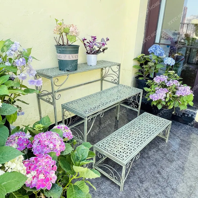 Rural retro wrought iron split three-layer flower stand garden balcony courtyard terrace outdoor shelf