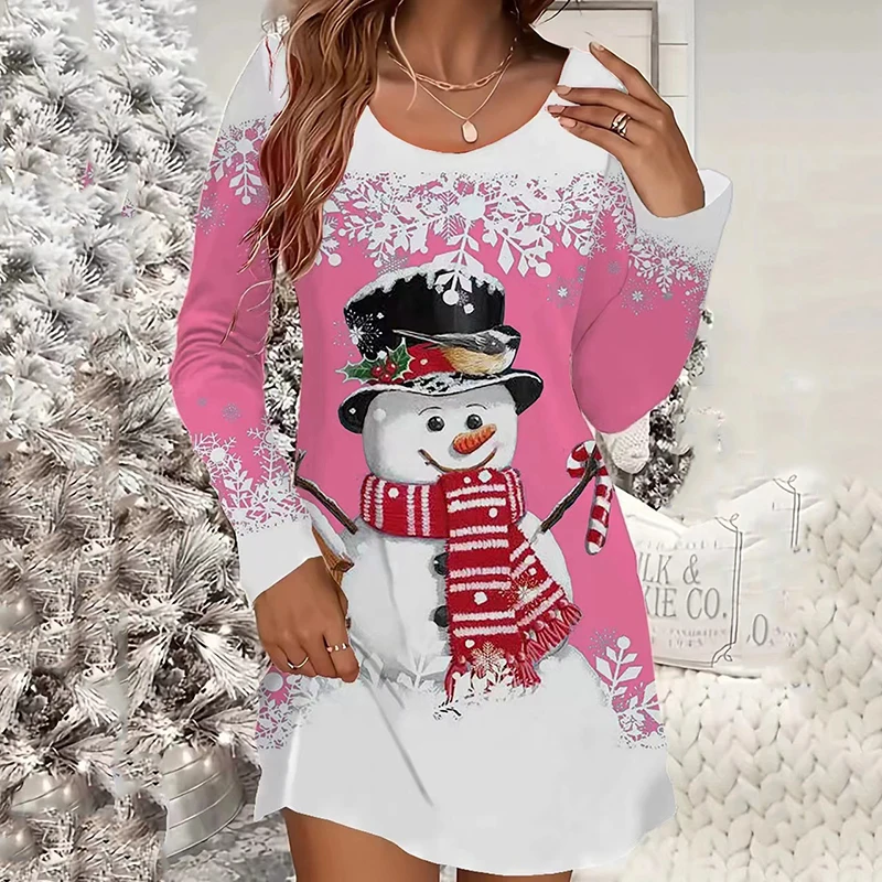 

НОВОЕ Снеговик Снежинка с принтом с длинным рукавом и круглым вырезом, слегка эластичные короткие мини-платья, рождественское повседневное платье
