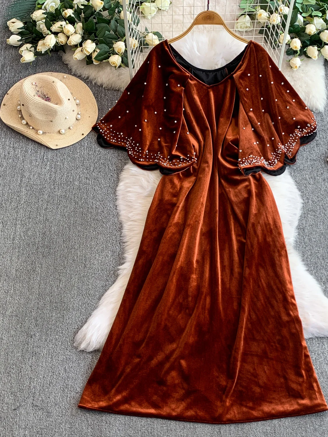 Ele Velvet Long Dr مع awl V-Ne فضفاض مناسب للزينة الثقيلة خرز الماس للخريف والشتاء للنساء Faion Dr #3