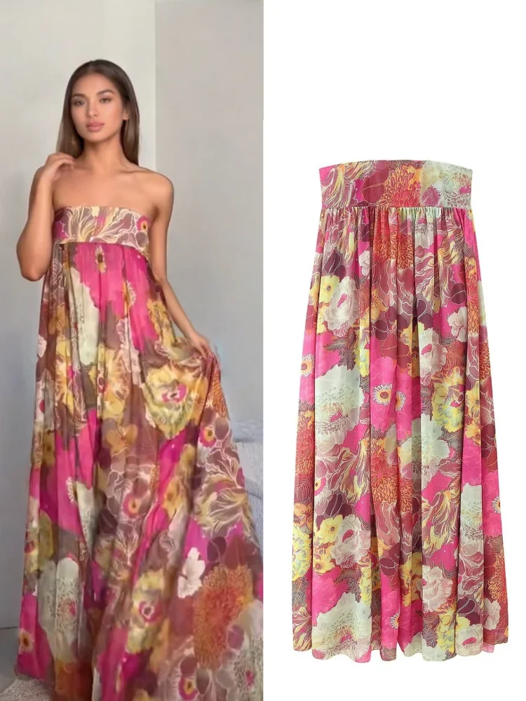 

Casual Printed Patchwork Women Dress Chic Strapless Backless Loose Elastic Ruffle Maxi Robe 2025 Fashion Lady Daily Streetwear