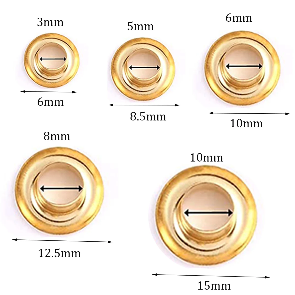 100 PCS Gold MINI Eyelets Grommet Ring With Washer 3mm 5mm 6mm 8mm 10mm for Clothes Leather Canvas Bag Shoes Belt Cap Tags Clo