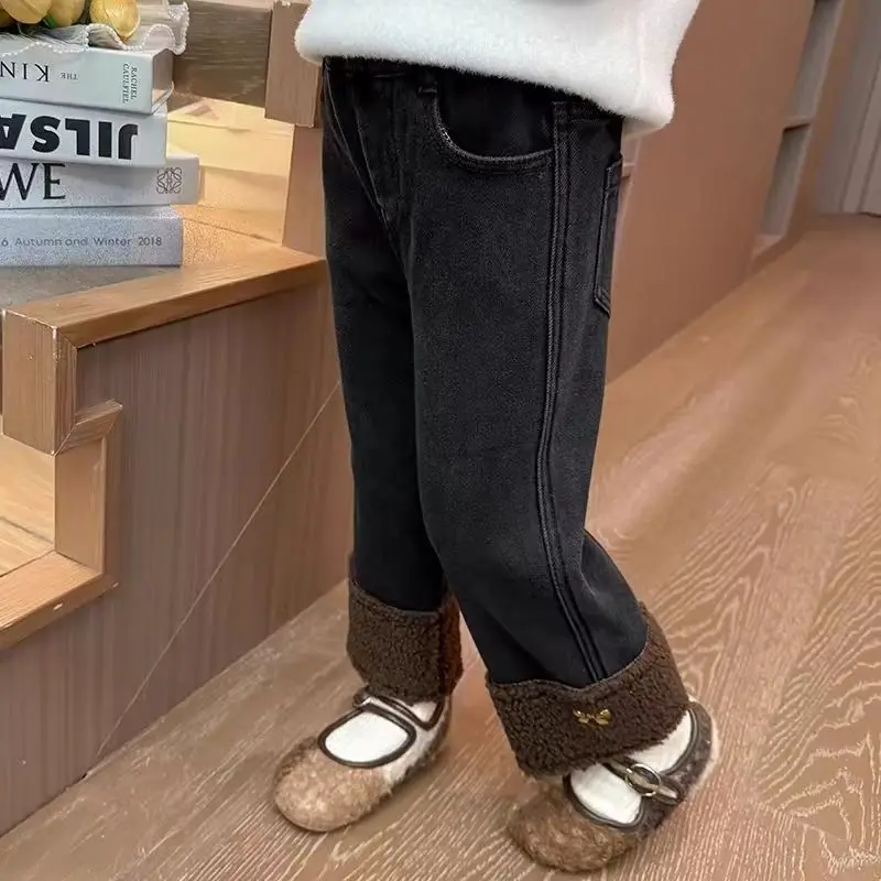 Women Children Fashion Bow Lamb Wool Stretch Straight Pants Western Sle Winter Baby Girl Fleece-lined Warm Jeans 2 3 5 7 Y