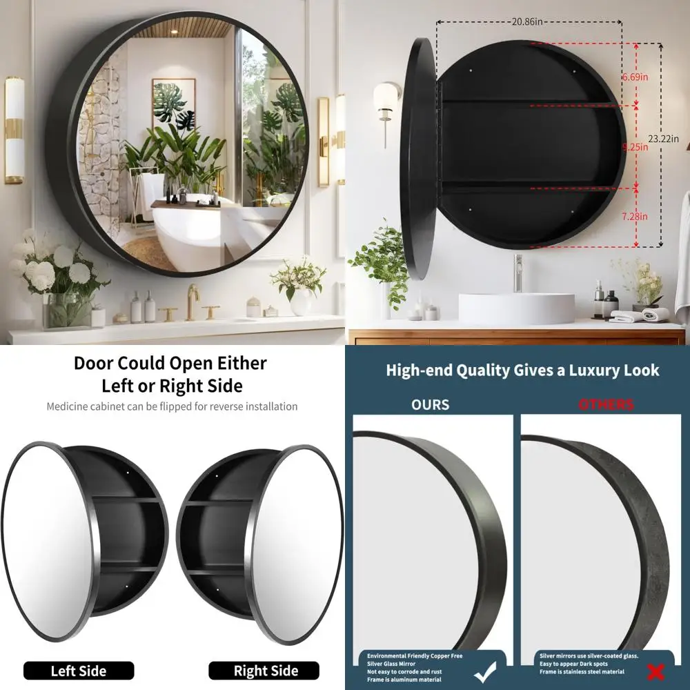 

Round 24 x 24 Surface-Mounted Circular Mirrored Medicine Cabinet with Storage for Bathroom