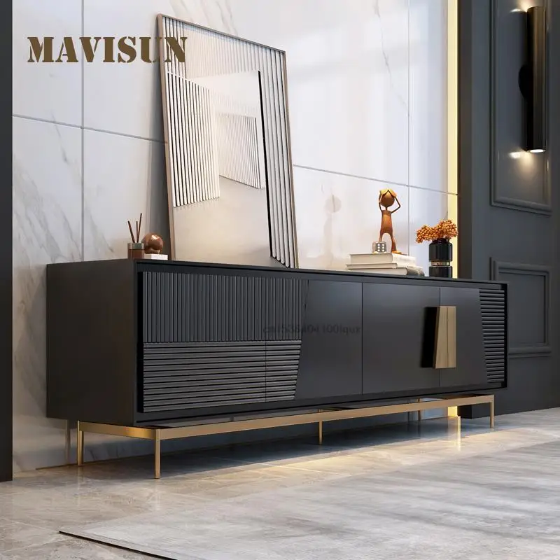 Contemporary High-End Rectangular Tv Cabinet Customized Minimalist Italian Style Wooden Tv Cabinet With Stainless Steel Frame