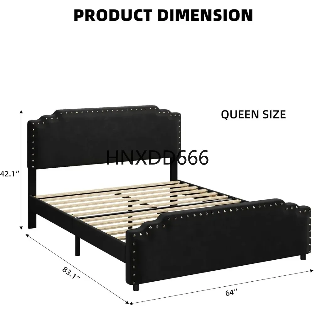 Queen Size Bed Frame w Headboard, Velvet Upholstered Platform Bed w Rivet Decor, Heavy Duty, No Box Spring Needed, Easy Assembly