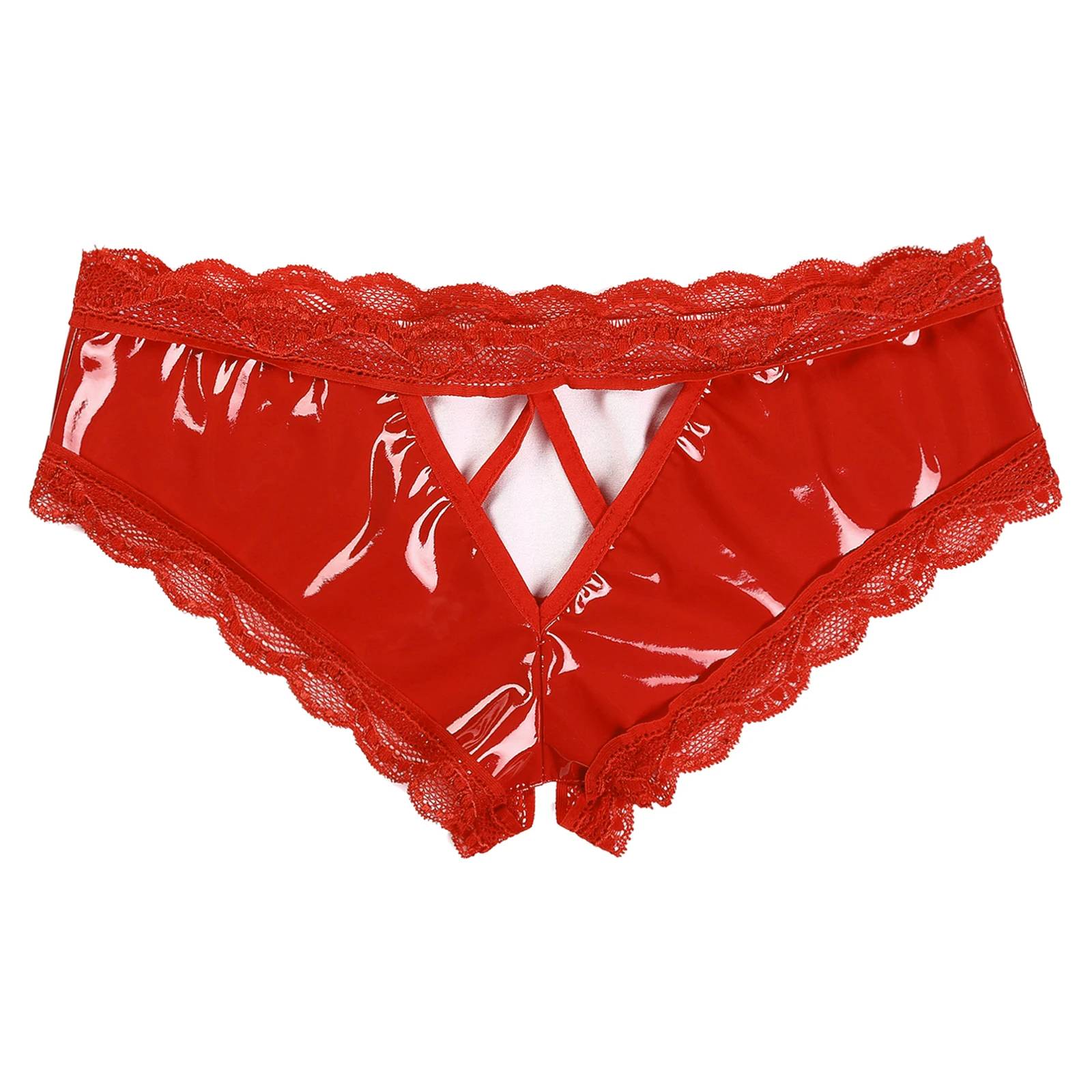 Womens Patent Leather Open Crotch Panties Wetlook Sexy Briefs Lingerie V-Back Lace Trim Latex Thongs Underwear Underpants