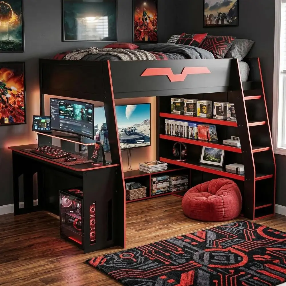 Harper & Bright Designs ull Size Gaming Lot Bed with Desk, Multi-Storage Shelves and LED Lights, Wood Lot Bed e with Storage, Ta
