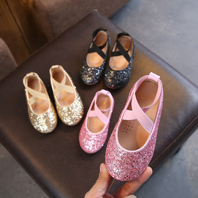 Girls Ballet Flats Dance Party Girls Shoes Glitter Children Shoes Gold Bling Princess Performnce 5-12 Years Kids Shoes CSH1173