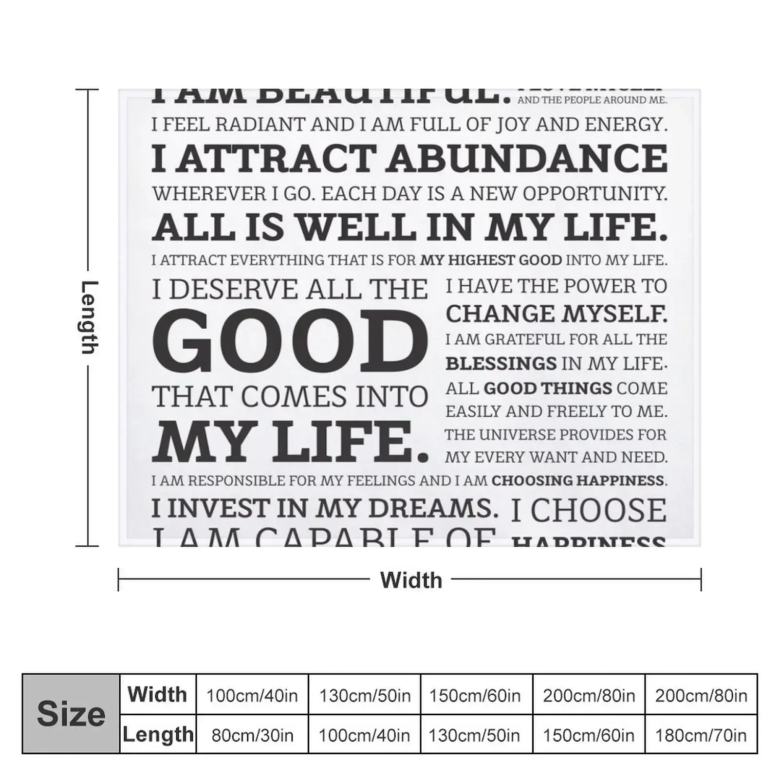 Positive Affirmations (Black on White/Grey) Throw Blanket Thins Soft Big Blankets