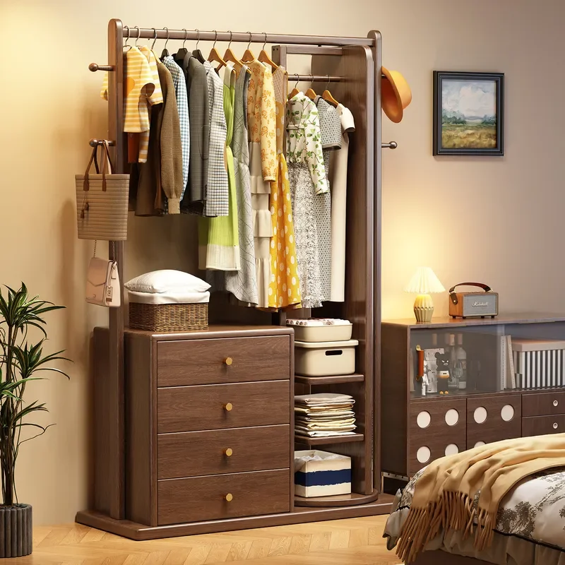For Solid Wood Bedside Table Hanger Storage Integrated Household Drawer Bedroom Floor Coat Rack Clothes Rack