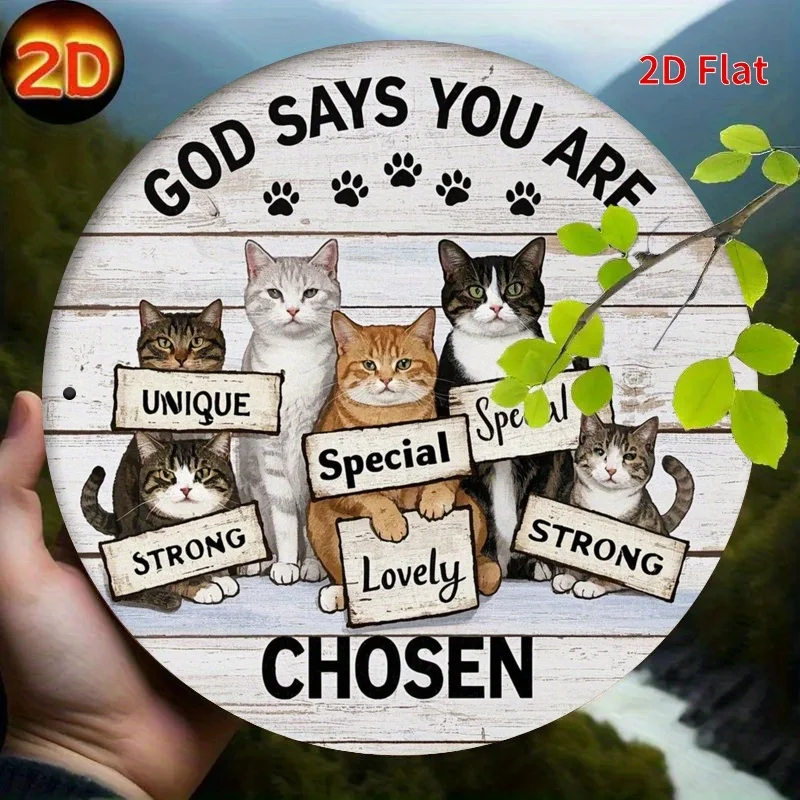 [2D Flat] 8x8 Inch Vintage Cat-Themed Round Metal Tin Sign - 