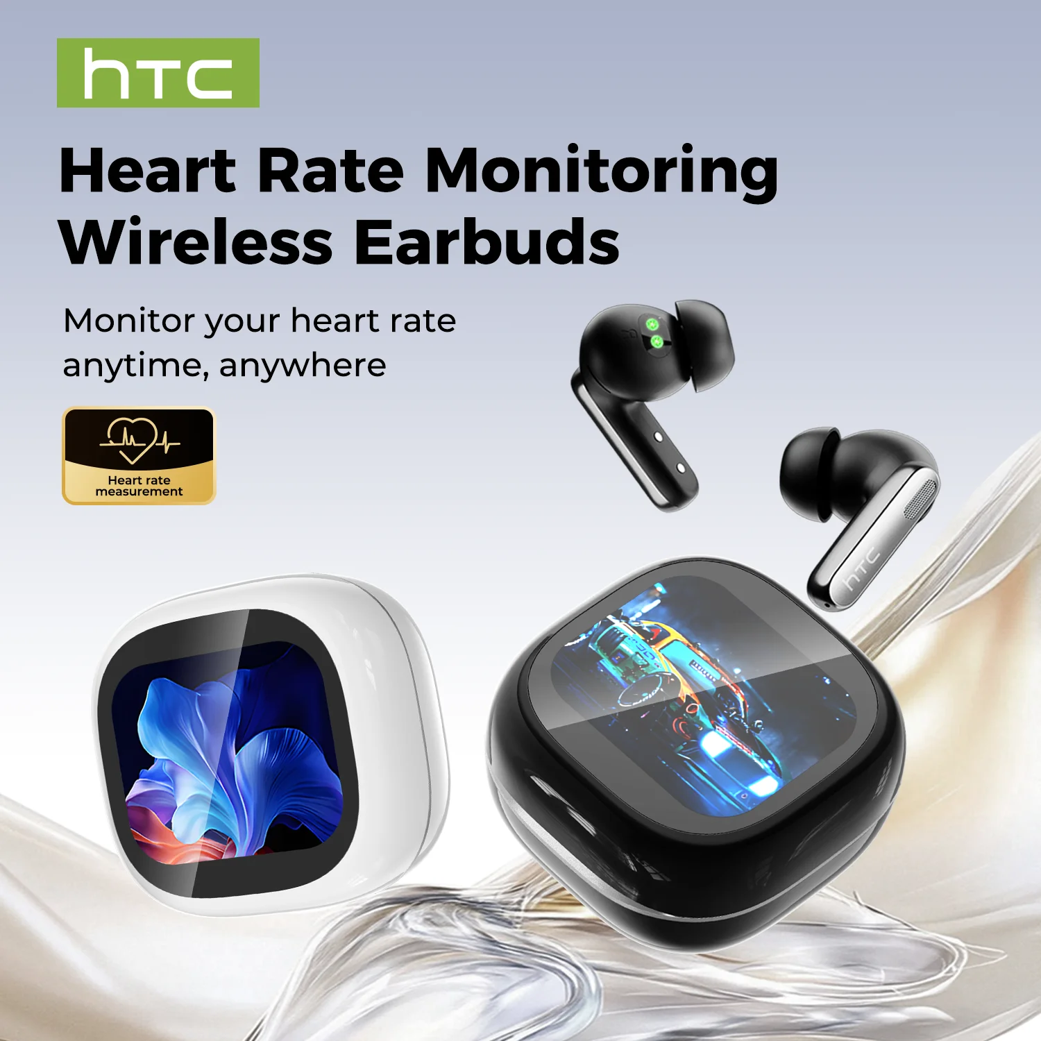 Écouteurs HTC NE46 TWS Bluetooth 6.0 avec écran tactile intelligent, étui de charge, moniteur de fréquence cardiaque, traducteur IA 135 langues, écouteurs HiFi