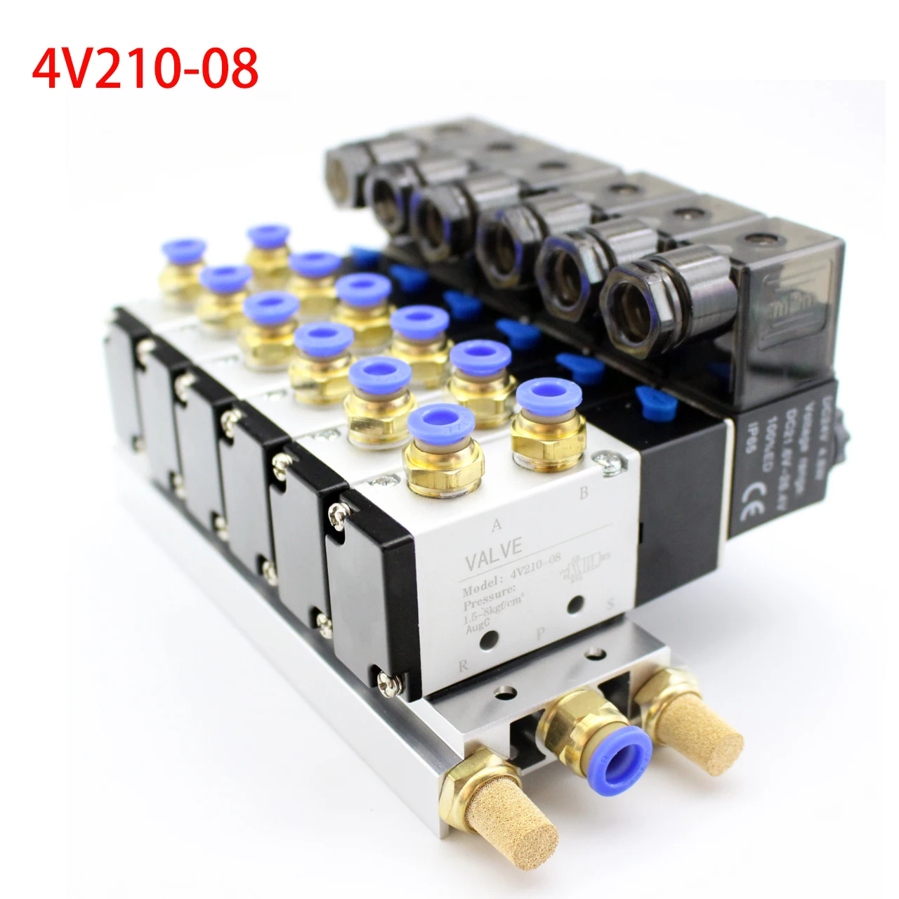4V210-08 Pneumatic Solenoid Valve Block With Muffler Fitting Base Manifold 2/3/4/6 Way 12/24V DC 110/220V AC Multi Option