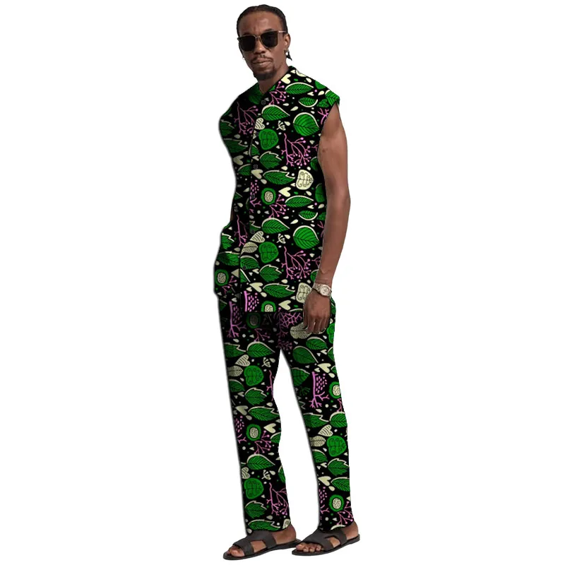 

Summer African Print Stand Collar Top Men's Set Sleeveless Shirt+Elastic Waist Trousers Nigerian Fashion Groom Suit Customized